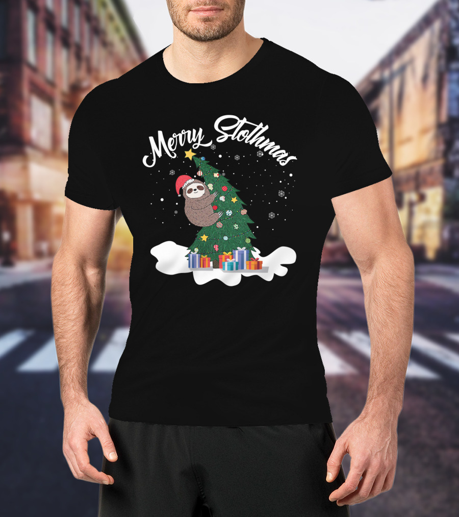 Merry Slothmas Sloth On Christmas Tree With Gifts And Snowflakes T-Shirt