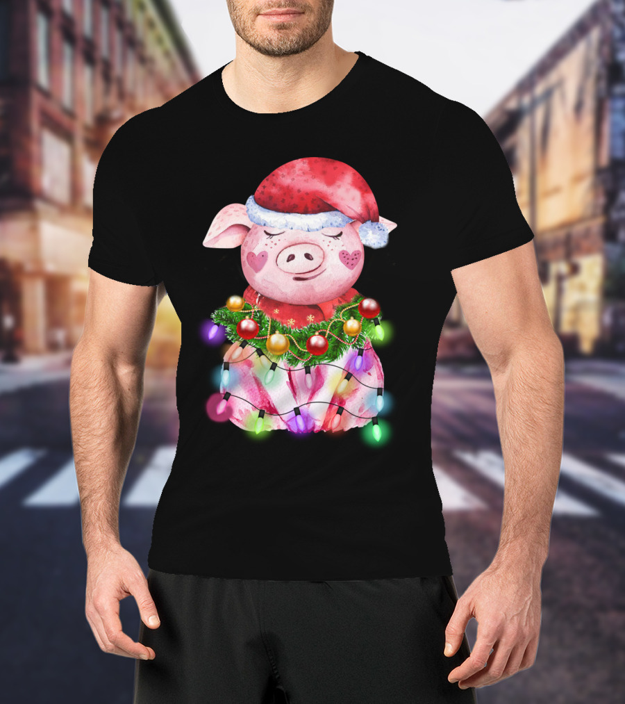 Santa Hat Heart Cheek Pink Pig Wrapped In Christmas Lights T-Shirt