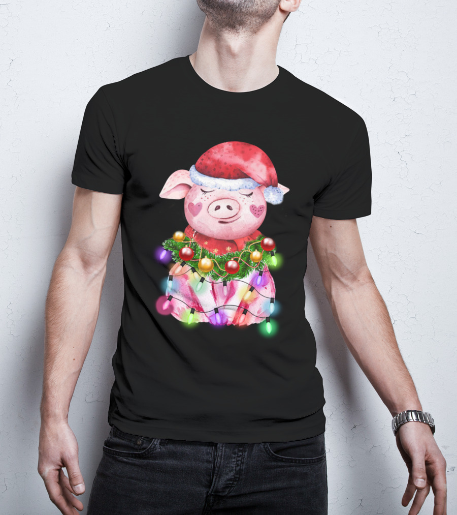 Santa Hat Heart Cheek Pink Pig Wrapped In Christmas Lights T-Shirt