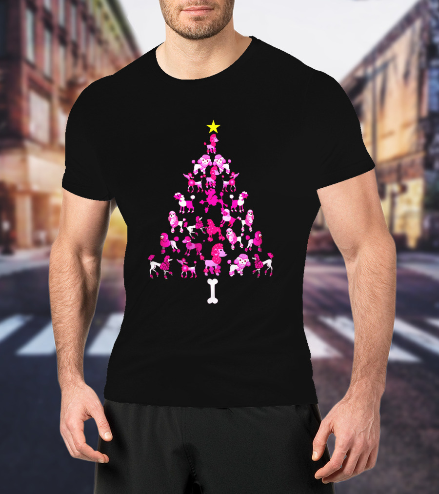 Poodles Dogs Forming Christmas Tree With Star And Bone Base T-Shirt
