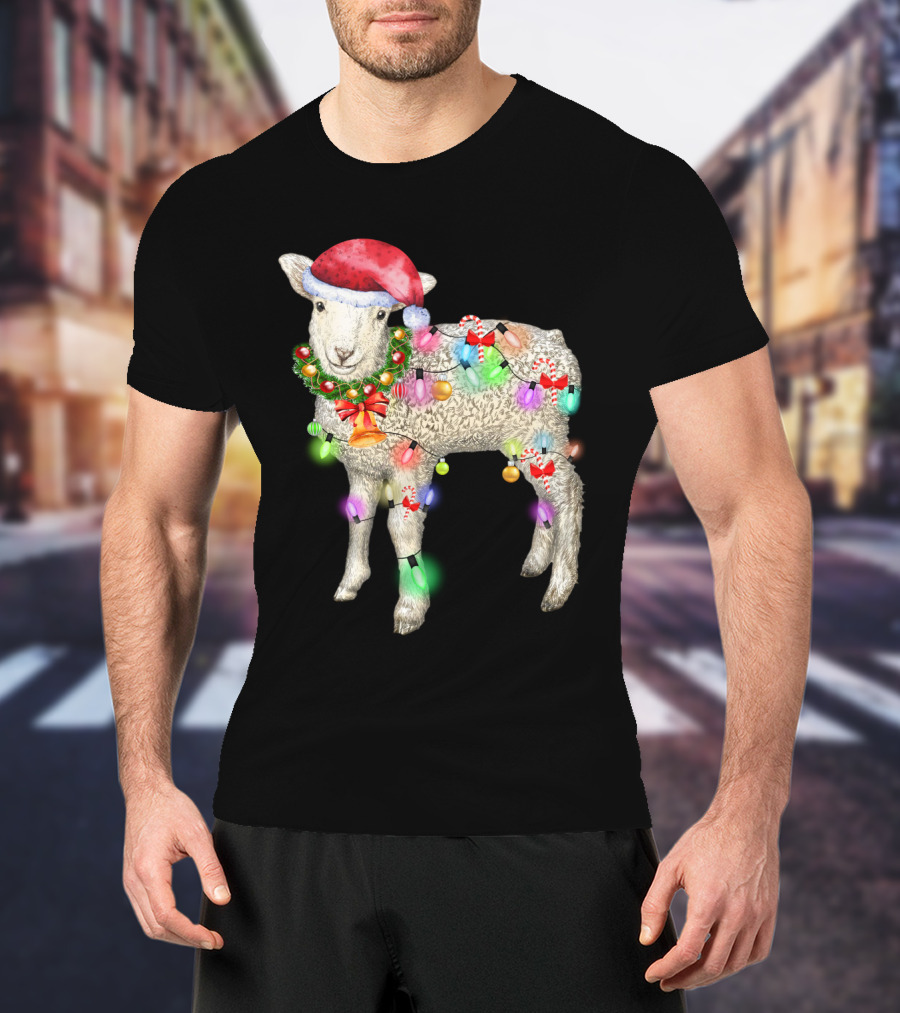Christmas Sheep With Santa Hat And Holiday Lights T-Shirt