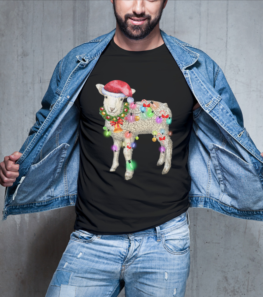 Christmas Sheep With Santa Hat And Holiday Lights T-Shirt