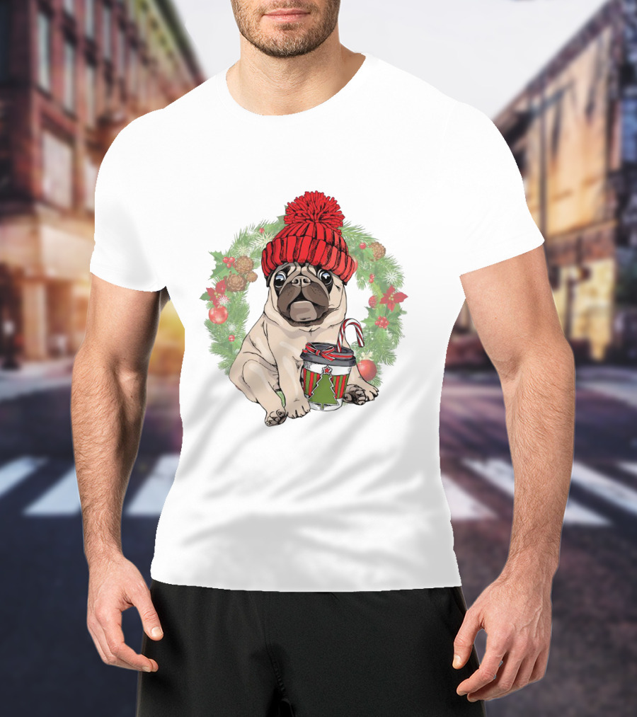 Festive Pug In Red Hat Holding Christmas Cup Surrounded By Holiday Wreath T-Shirt