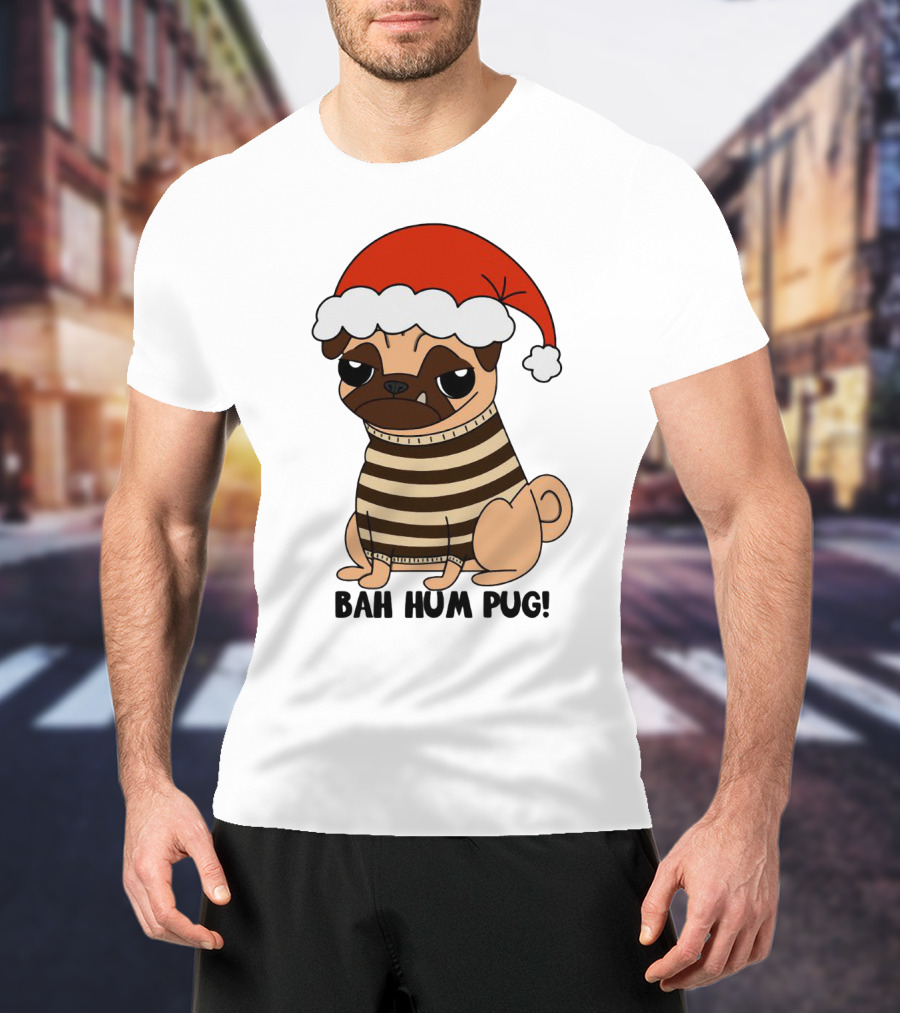 Bah Hum Pug Christmas Santa Hat Grumpy Holiday Pug Stripe T-Shirt