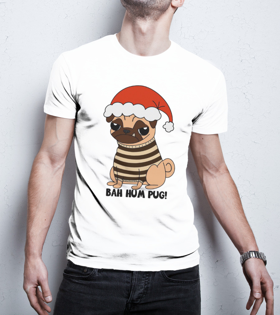 Bah Hum Pug Christmas Santa Hat Grumpy Holiday Pug Stripe T-Shirt