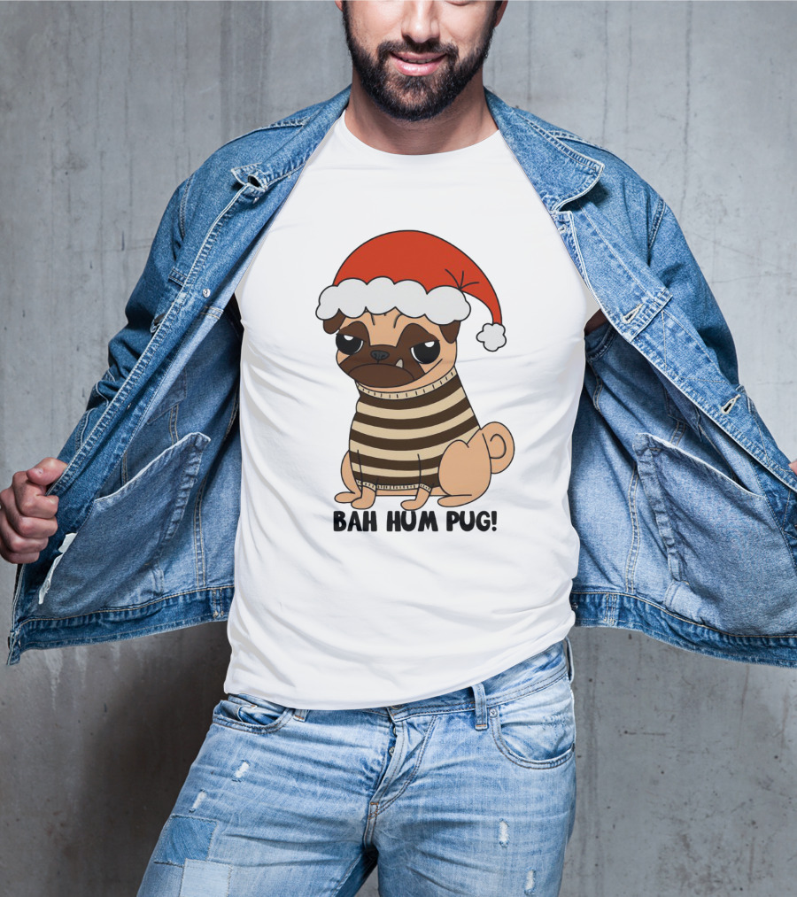 Bah Hum Pug Christmas Santa Hat Grumpy Holiday Pug Stripe T-Shirt
