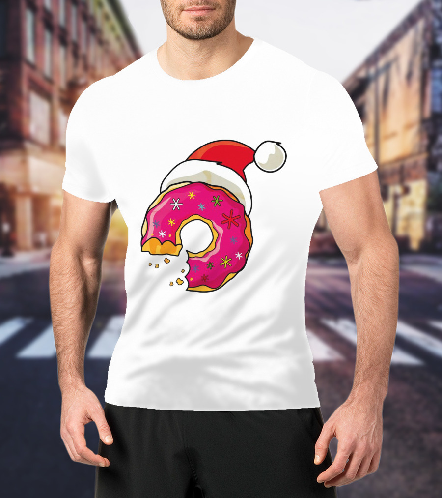 Santa Hat Candy Xmas Donut With Pink Frosting And Stars T-Shirt