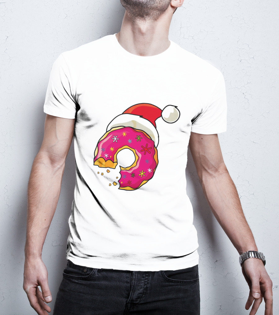 Santa Hat Candy Xmas Donut With Pink Frosting And Stars T-Shirt