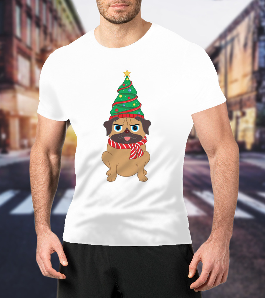 Snuggly Pug With Christmas Tree Hat And Festive Scarf Holiday T-Shirt