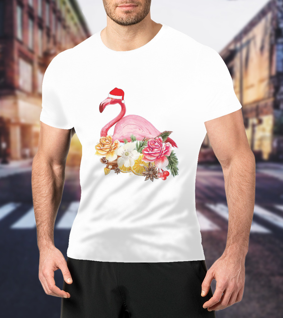 Festive Flamingo With Santa Hat And Holiday Floral Arrangement T-Shirt