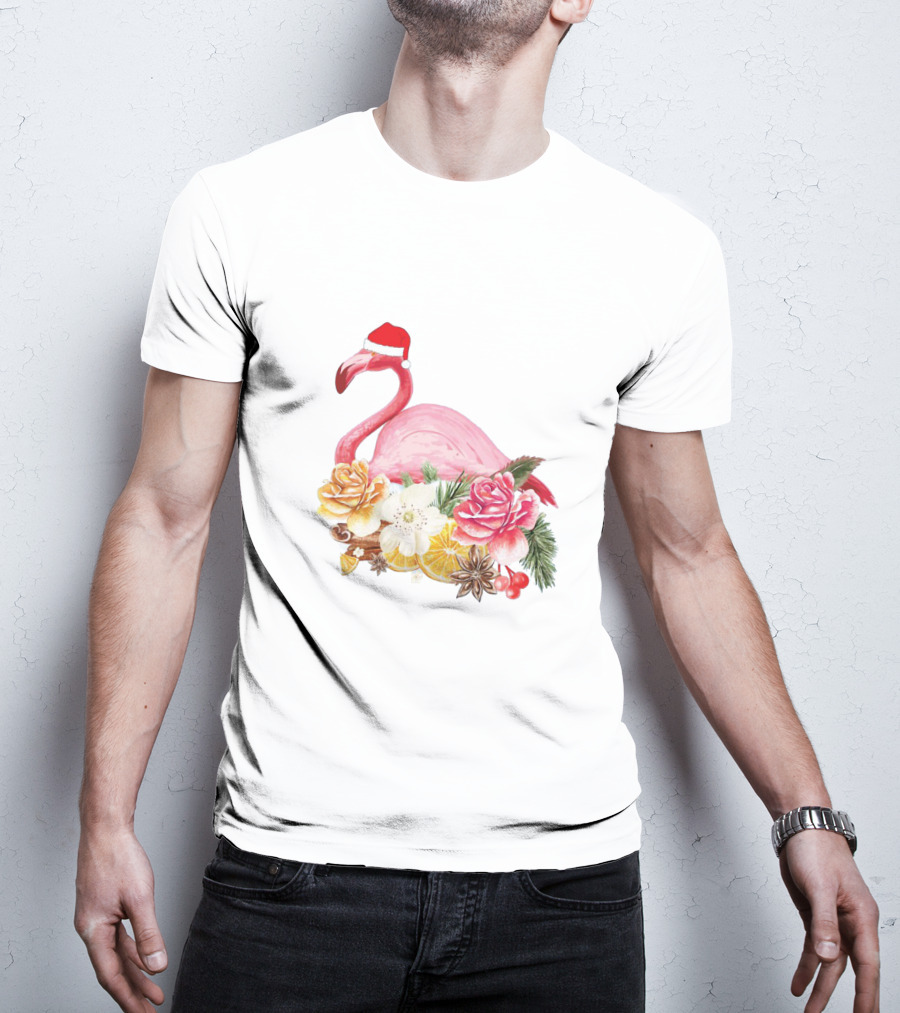 Festive Flamingo With Santa Hat And Holiday Floral Arrangement T-Shirt