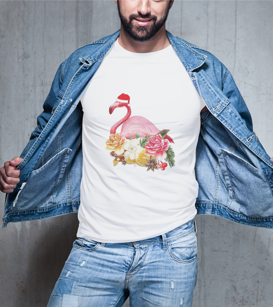 Festive Flamingo With Santa Hat And Holiday Floral Arrangement T-Shirt