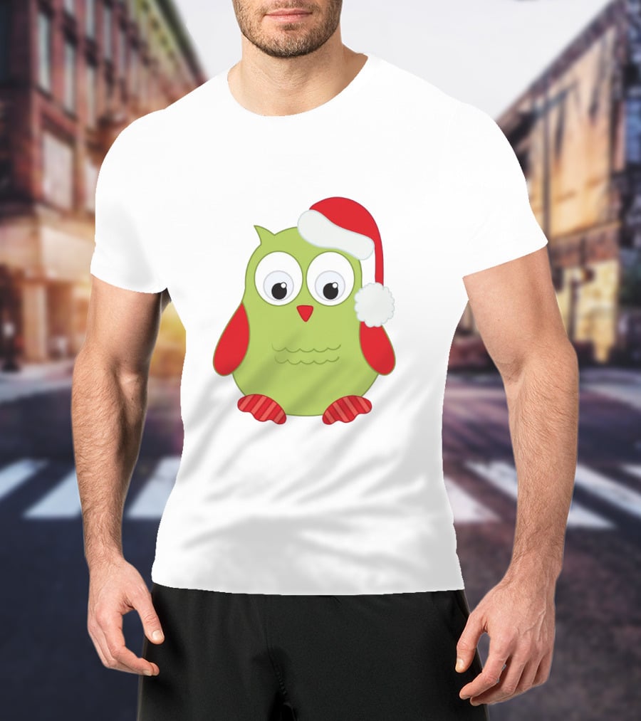 Cute Santa Owl Christmas Green And Red Cartoon Owl Santa Hat T-Shirt