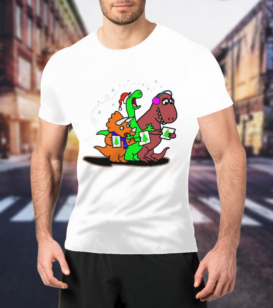 Dinosaur Trio Singing Christmas Carols With Festive Hats And Tree Cards T-Shirt