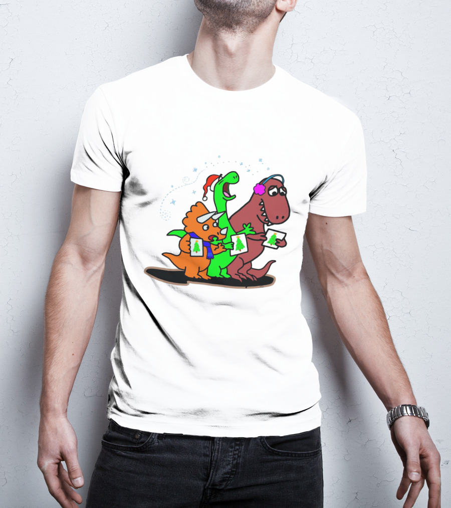 Dinosaur Trio Singing Christmas Carols With Festive Hats And Tree Cards T-Shirt