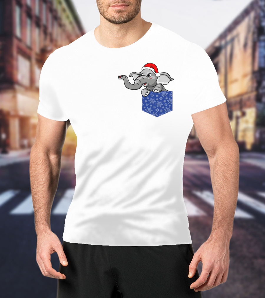 Christmas Holiday Pocket Elephant With Santa Hat And Blue Snowflake Pattern Pocket T-Shirt