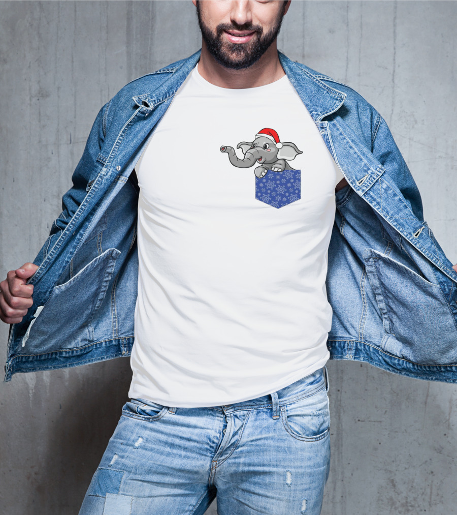 Christmas Holiday Pocket Elephant With Santa Hat And Blue Snowflake Pattern Pocket T-Shirt