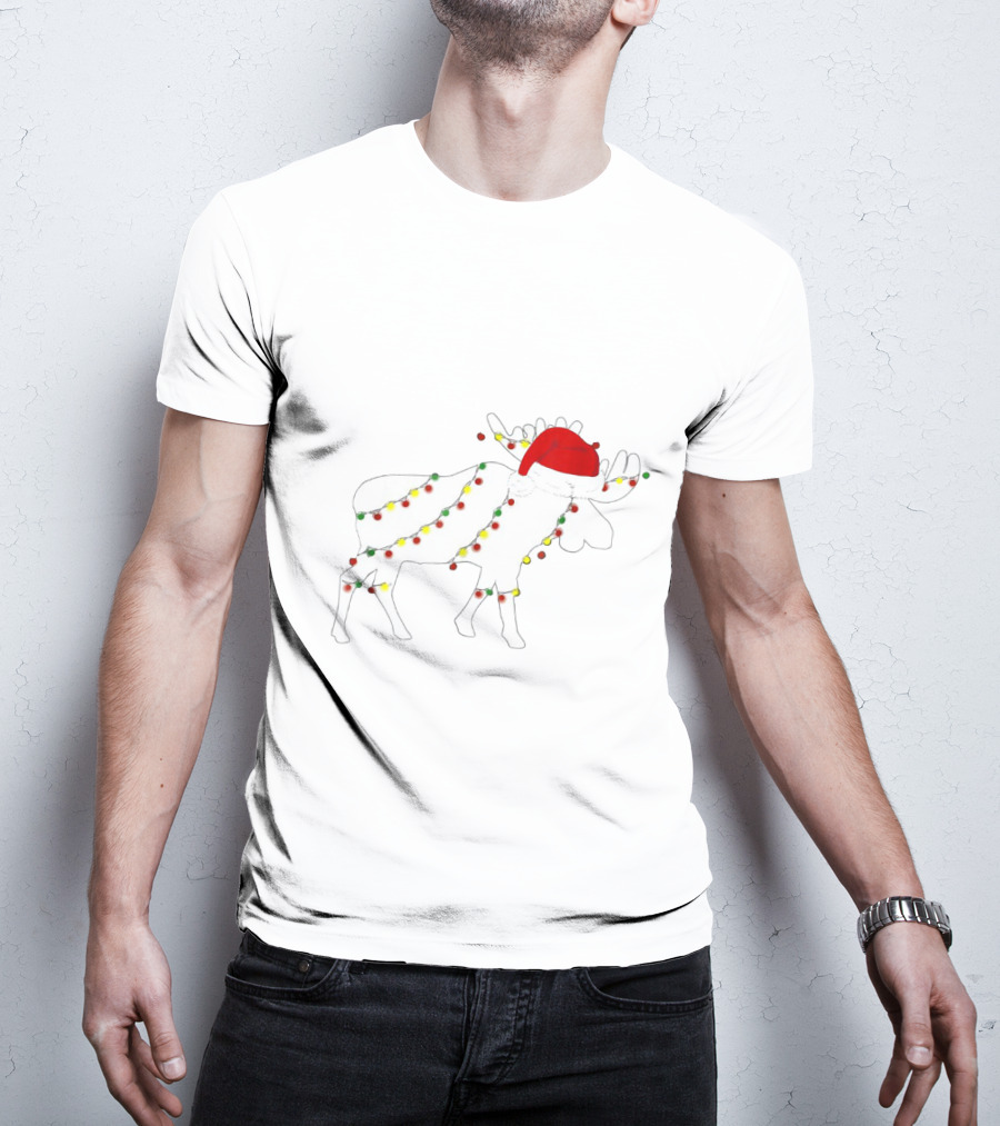 Christmas Moose Wrapped In Colorful Lights Santa Hat Family Matching Holiday T-Shirt