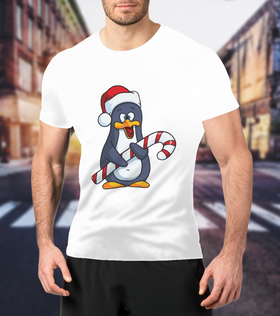 Jolly Christmas Penguin With Santa Hat And Candy Cane T-Shirt
