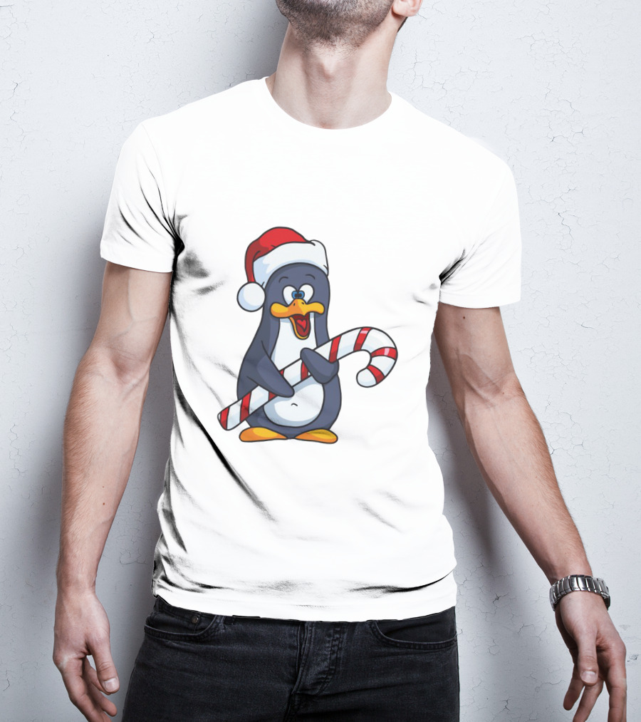 Jolly Christmas Penguin With Santa Hat And Candy Cane T-Shirt