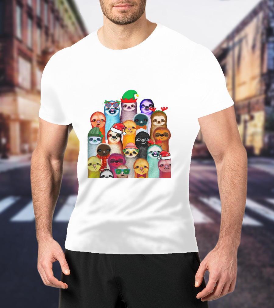 Christmas Sloths Wearing Festive Accessories And Colorful Hats T-Shirt
