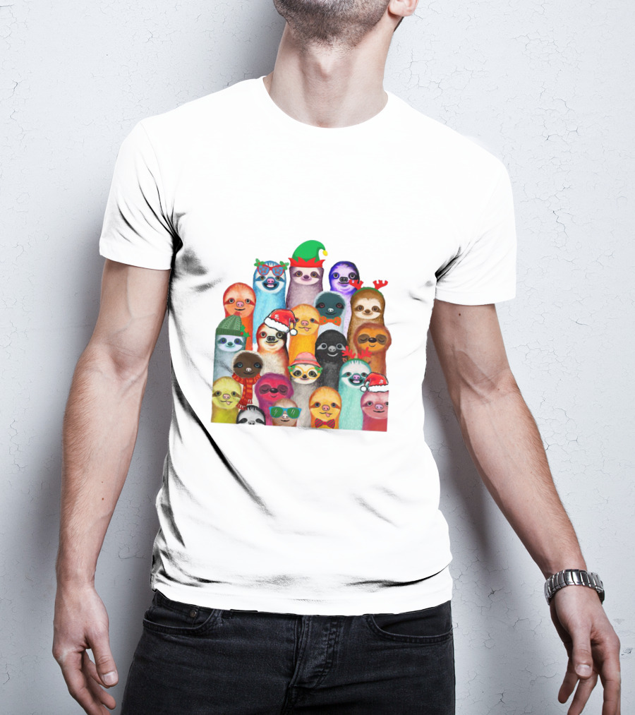 Christmas Sloths Wearing Festive Accessories And Colorful Hats T-Shirt