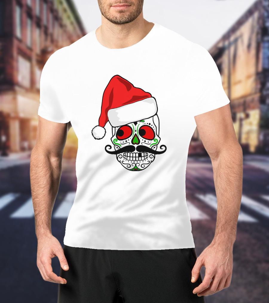 Santa Hat Festive Sugar Skull Christmas T-Shirt