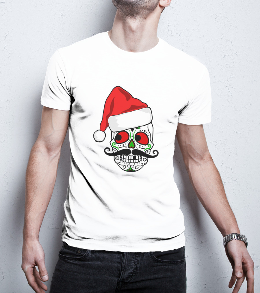 Santa Hat Festive Sugar Skull Christmas T-Shirt
