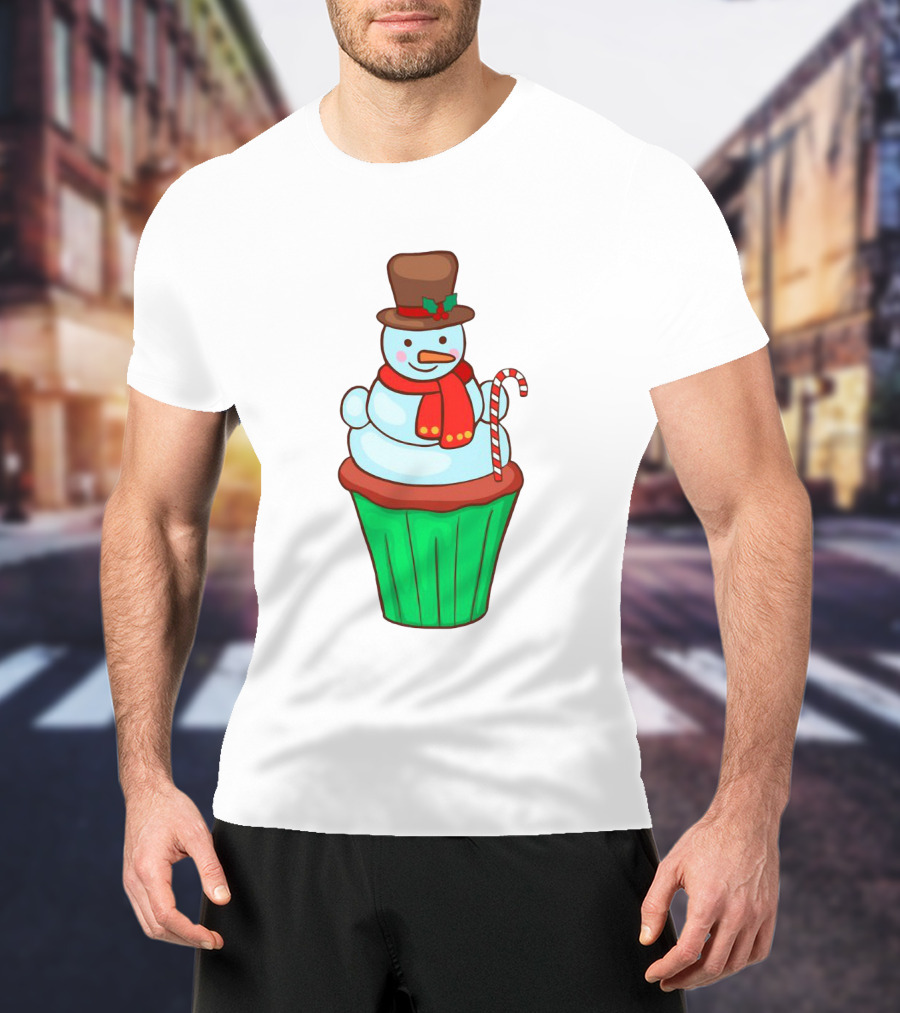 Xmas Cupcake Muffins With Snowman And Candy Cane Holiday T-Shirt