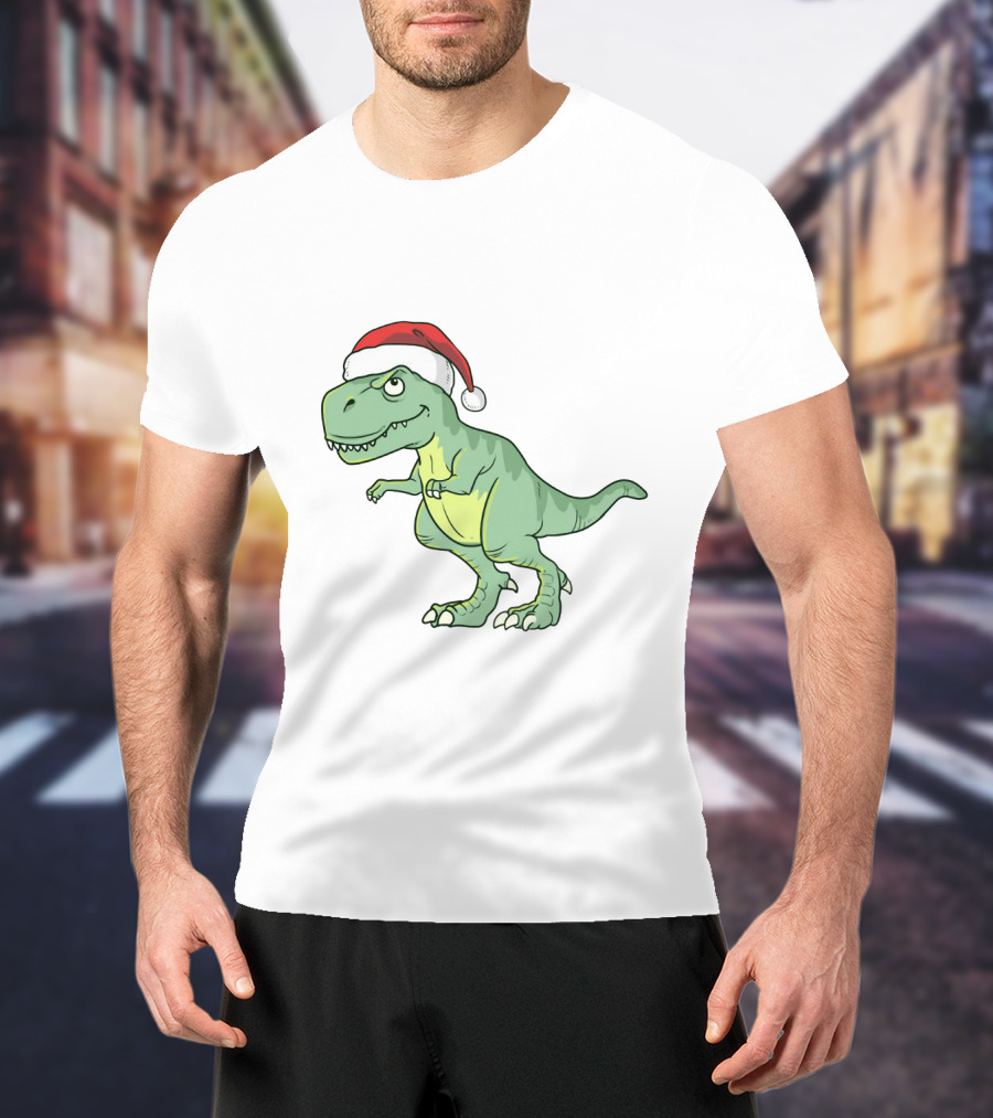 Christmas Dinosaur Wearing Santa Hat T-Shirt