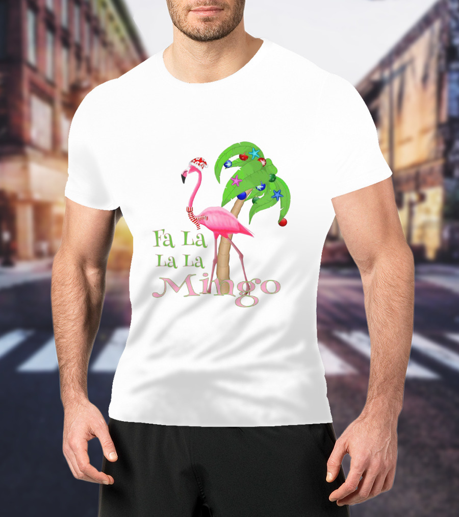 Festive Fa La La La Mingo Pink Flamingo Holiday Tropical Palm Tree T-Shirt