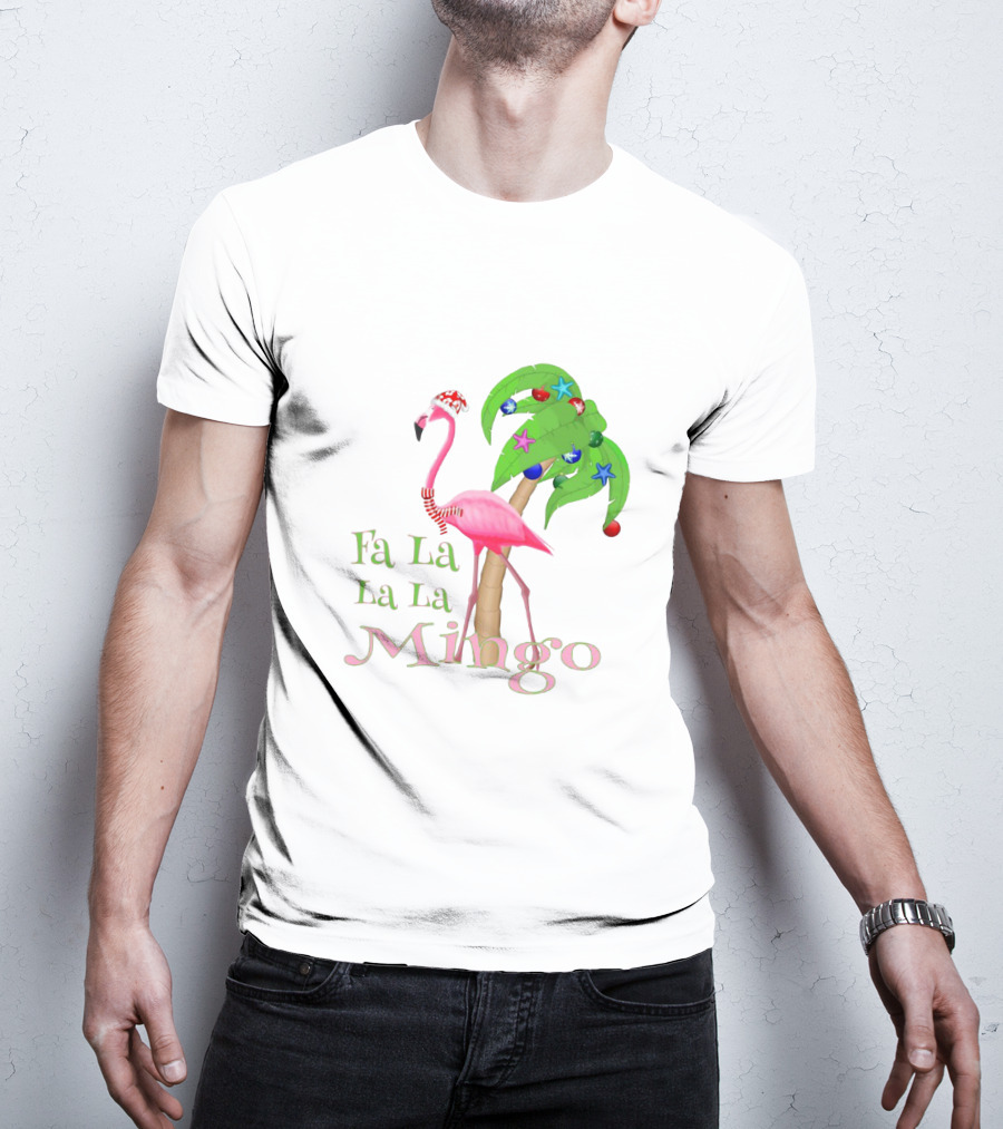 Festive Fa La La La Mingo Pink Flamingo Holiday Tropical Palm Tree T-Shirt