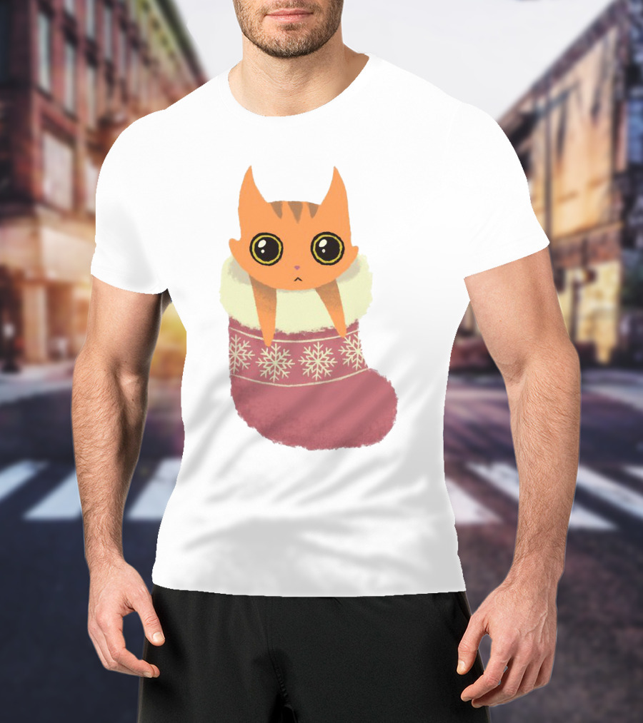 Adorable Orange Cat In Festive Christmas Stocking With Snowflake T-Shirt