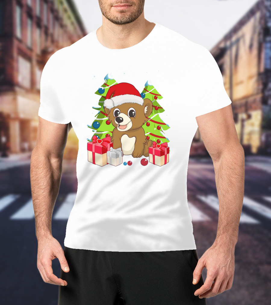 Santa Cute Bear With Christmas Trees And Presents T-Shirt