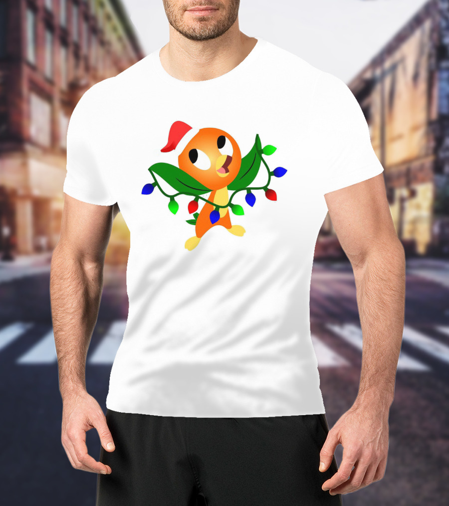 Think Christmas Thoughts Orange Bird With Santa Hat And Festive Lights T-Shirt