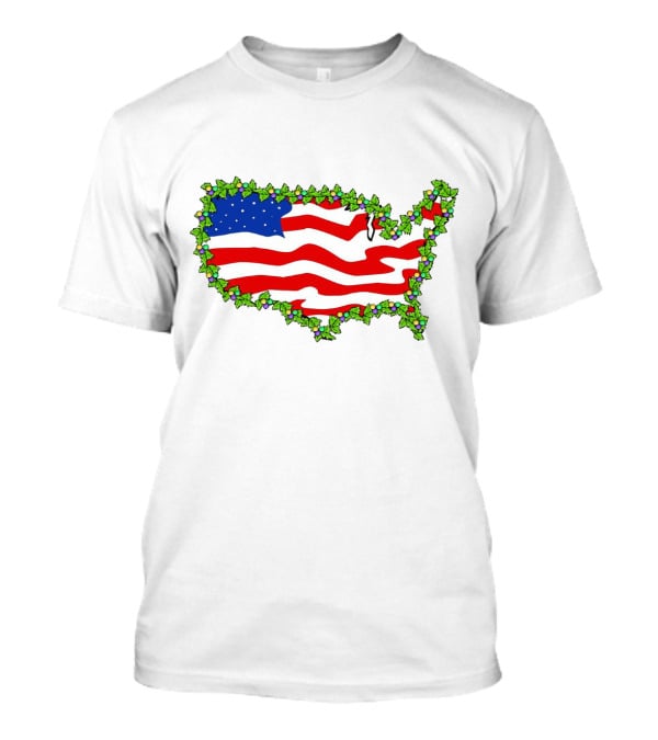 United States Map With Flag And Christmas Holly Decoration T-Shirt