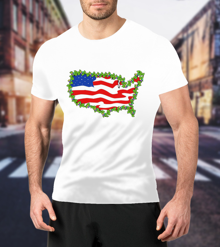 United States Map With Flag And Christmas Holly Decoration T-Shirt