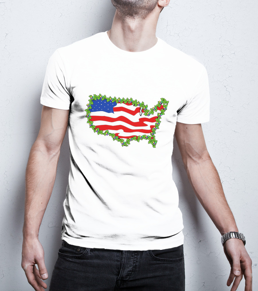 United States Map With Flag And Christmas Holly Decoration T-Shirt