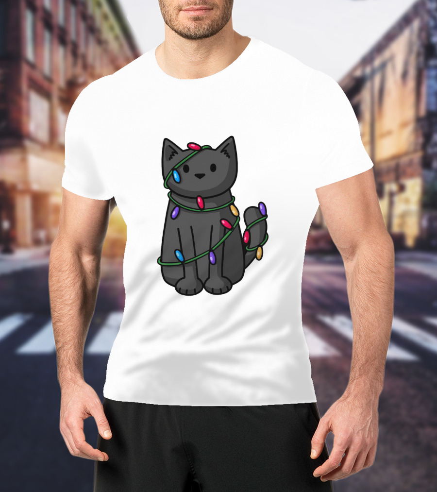 Wrapped Up In Lights Adorable Cat Tangled In Colorful Holiday String Bulbs T-Shirt