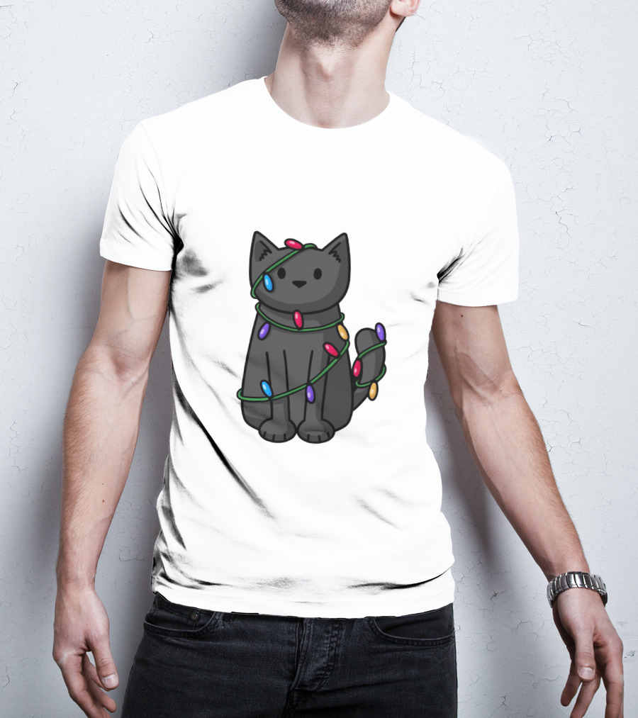 Wrapped Up In Lights Adorable Cat Tangled In Colorful Holiday String Bulbs T-Shirt
