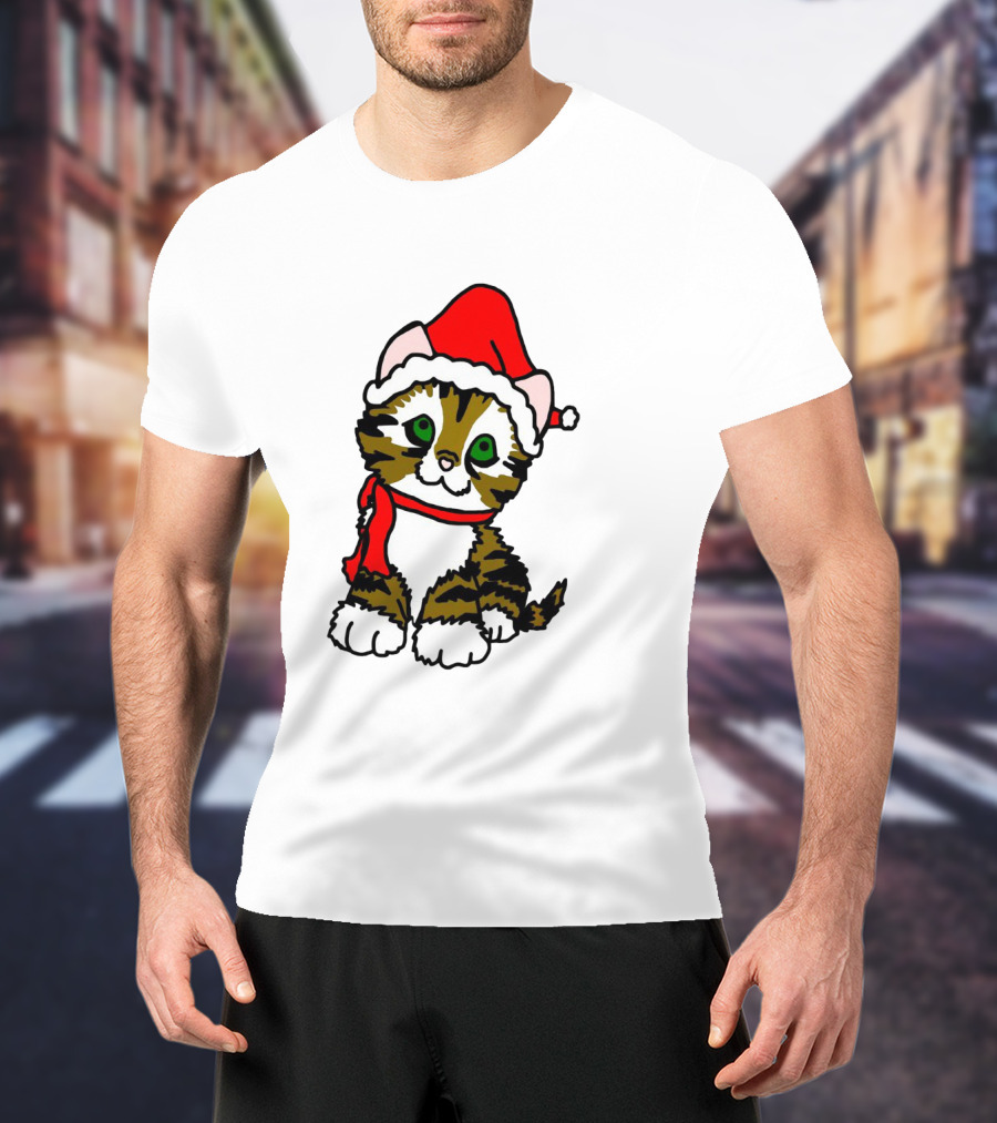 A Cute Tabby Kitten Dressed In Santa Hat And Scarf T-Shirt