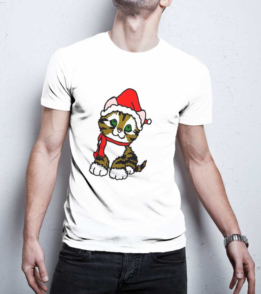 A Cute Tabby Kitten Dressed In Santa Hat And Scarf T-Shirt