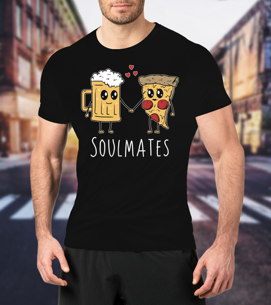 Soulmates Beer And Pizza Holding Hands With Hearts T-Shirt