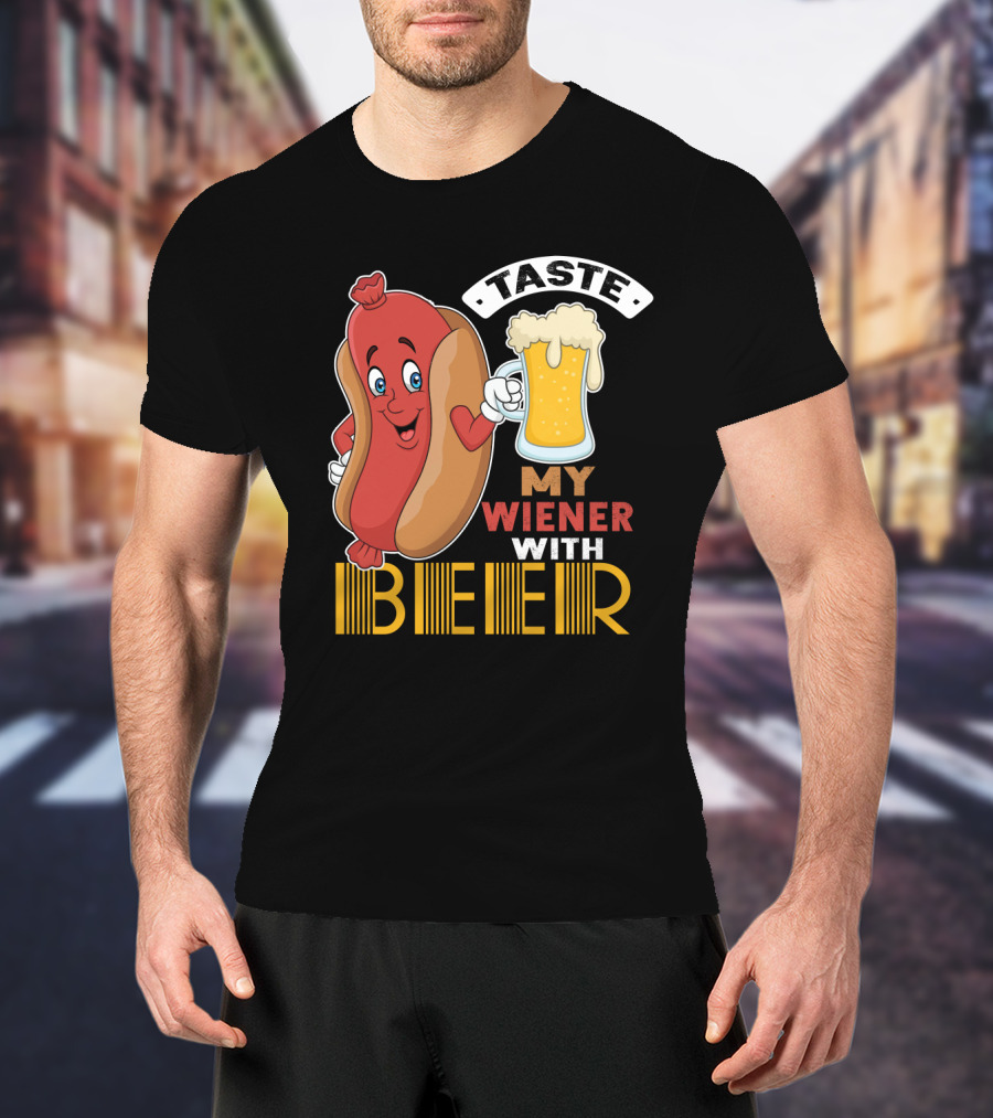 Taste My Wiener With Beer Funny Hot Dog Cartoon For Party T-Shirt