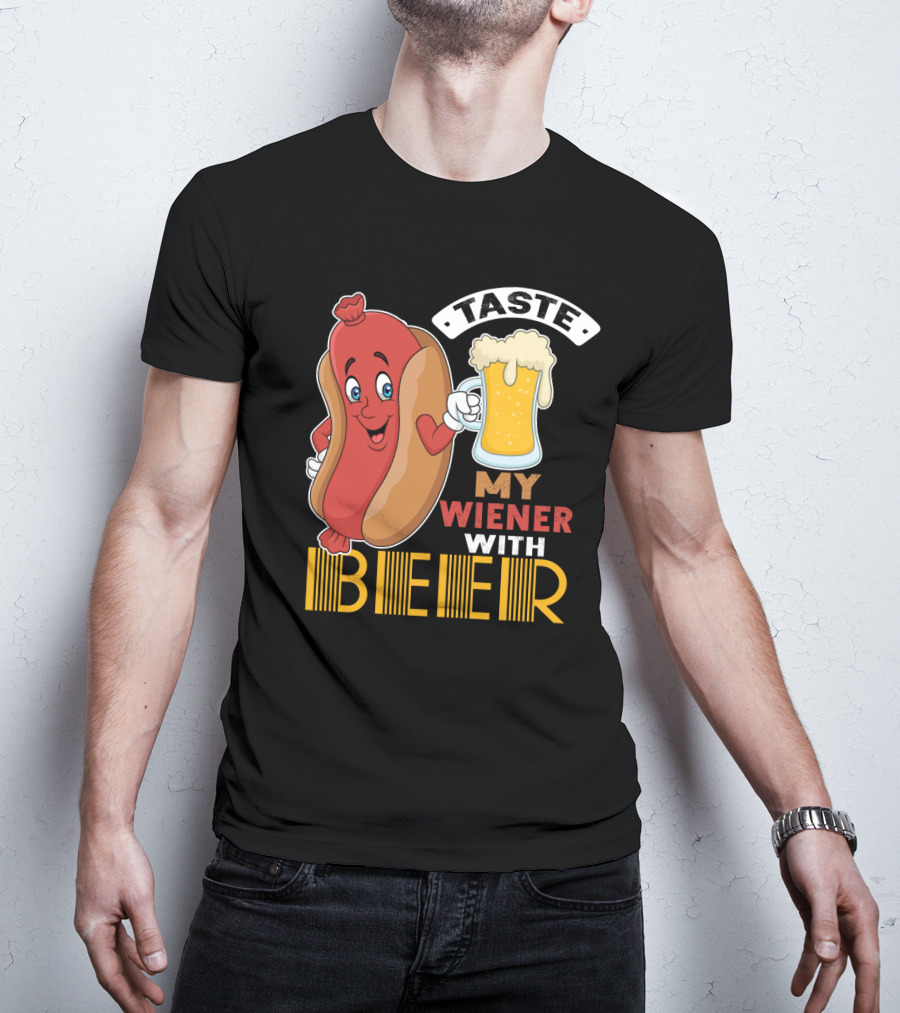 Taste My Wiener With Beer Funny Hot Dog Cartoon For Party T-Shirt