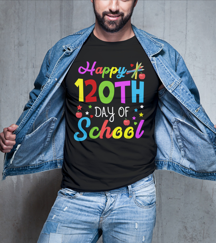 Happy 120th Day Of School Colorful Celebration With Stars And Apples T-Shirt