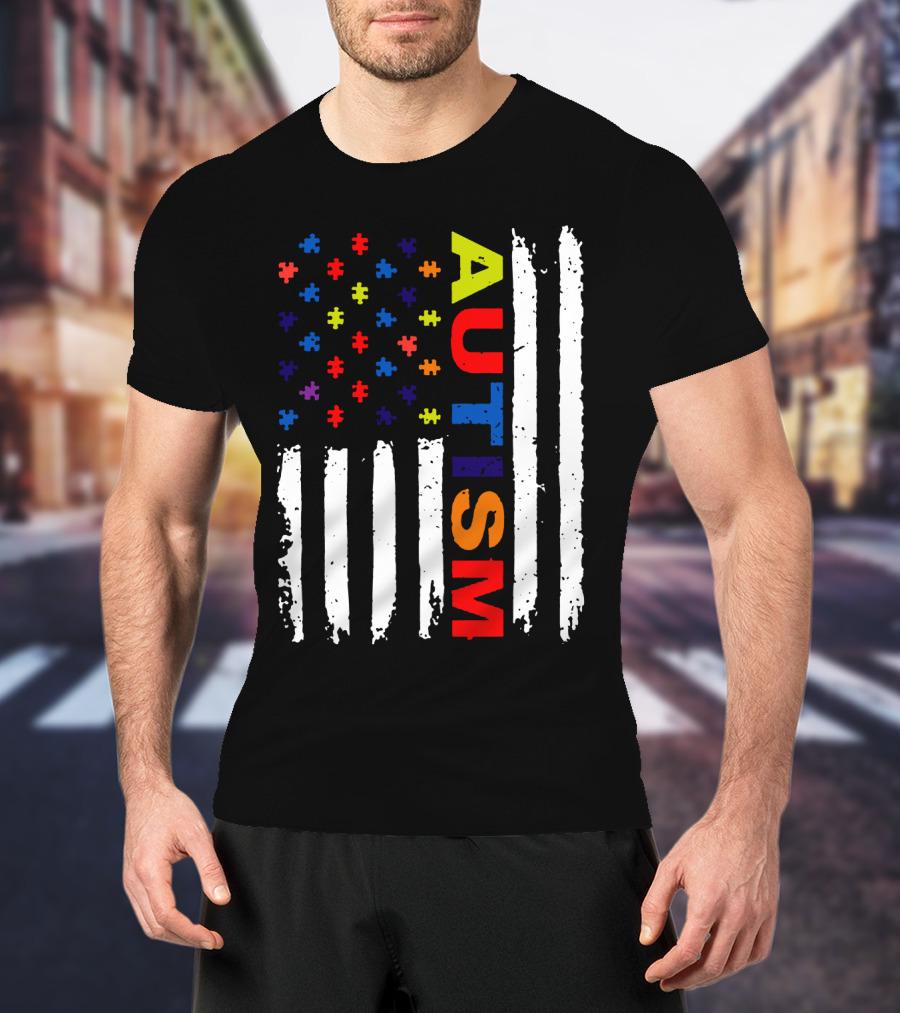 Autism Awareness Flag Design With Colorful Puzzle Pieces And Vertical Stripes T-Shirt