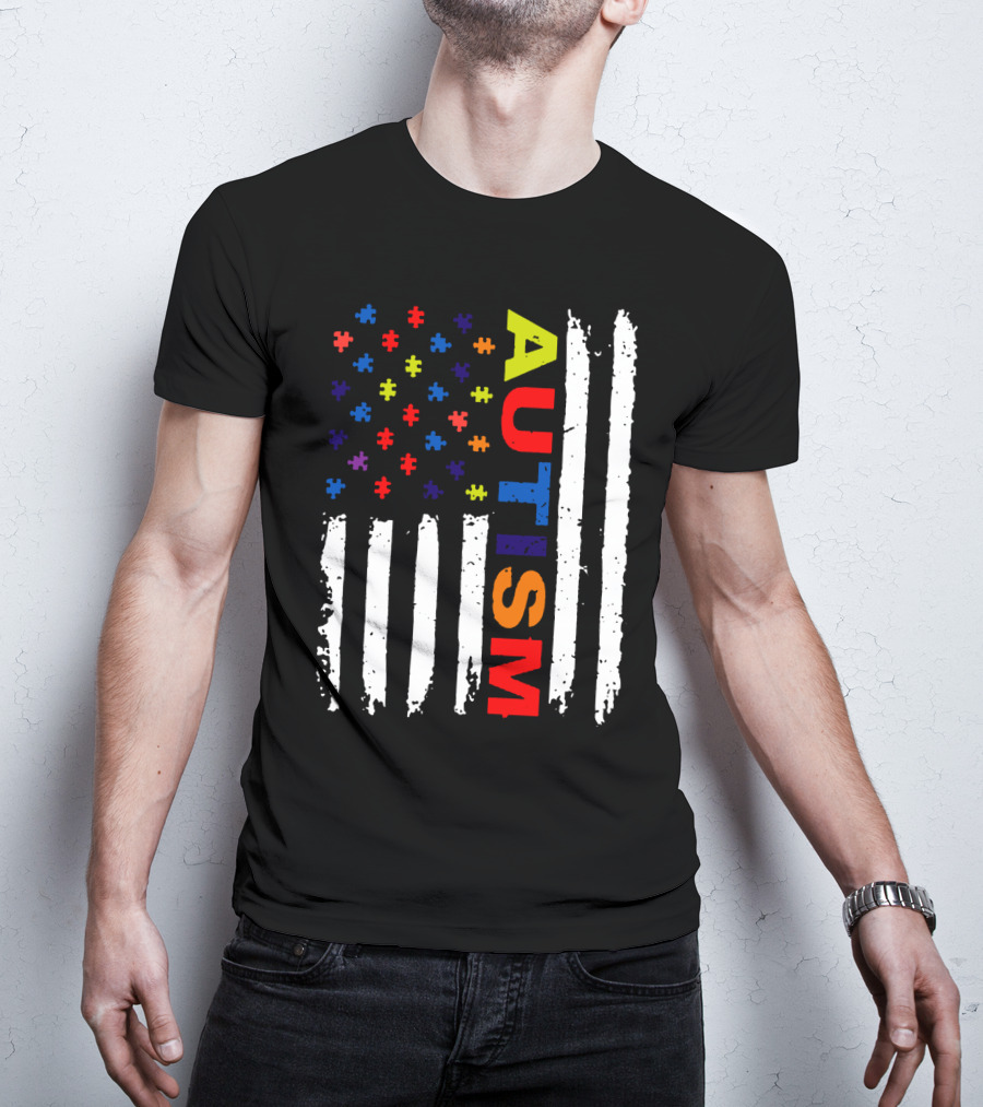 Autism Awareness Flag Design With Colorful Puzzle Pieces And Vertical Stripes T-Shirt