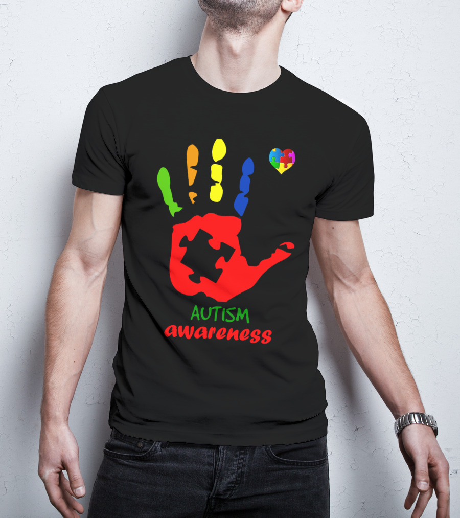 Autism Awareness Colorful Handprint With Puzzle Heart T-Shirt