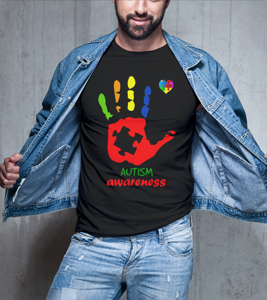 Autism Awareness Colorful Handprint With Puzzle Heart T-Shirt
